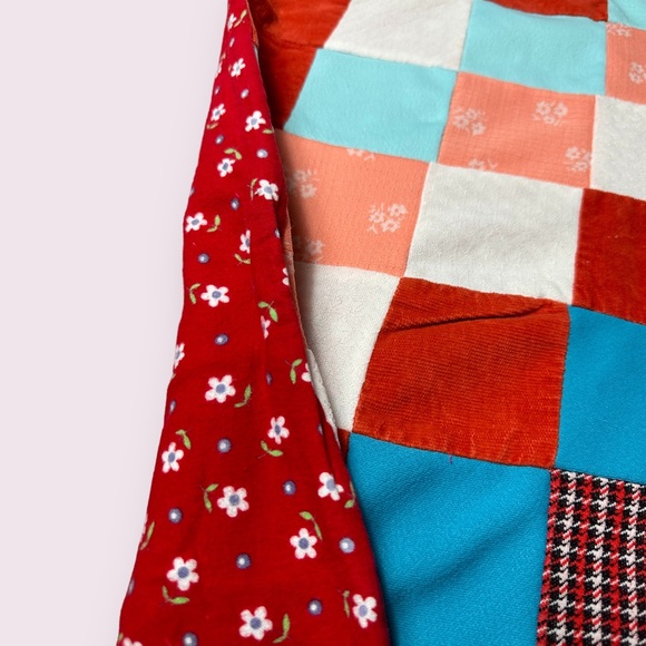 Vintage Handmade Mixed Fabric Red Orange Teal Burnt Orange Plaid Floral Quilt - Picture 2 of 9